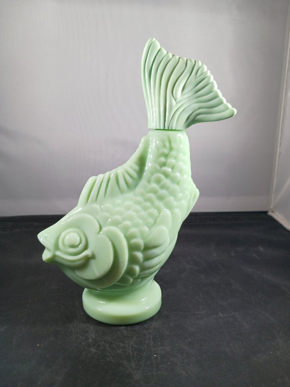 Avon Vintage Sea Spirit Jadeite Koi Fish Green Milk Glass Decanter